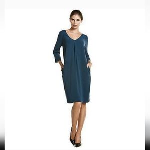 St. John Teal V-Neck Midi Shift Dress